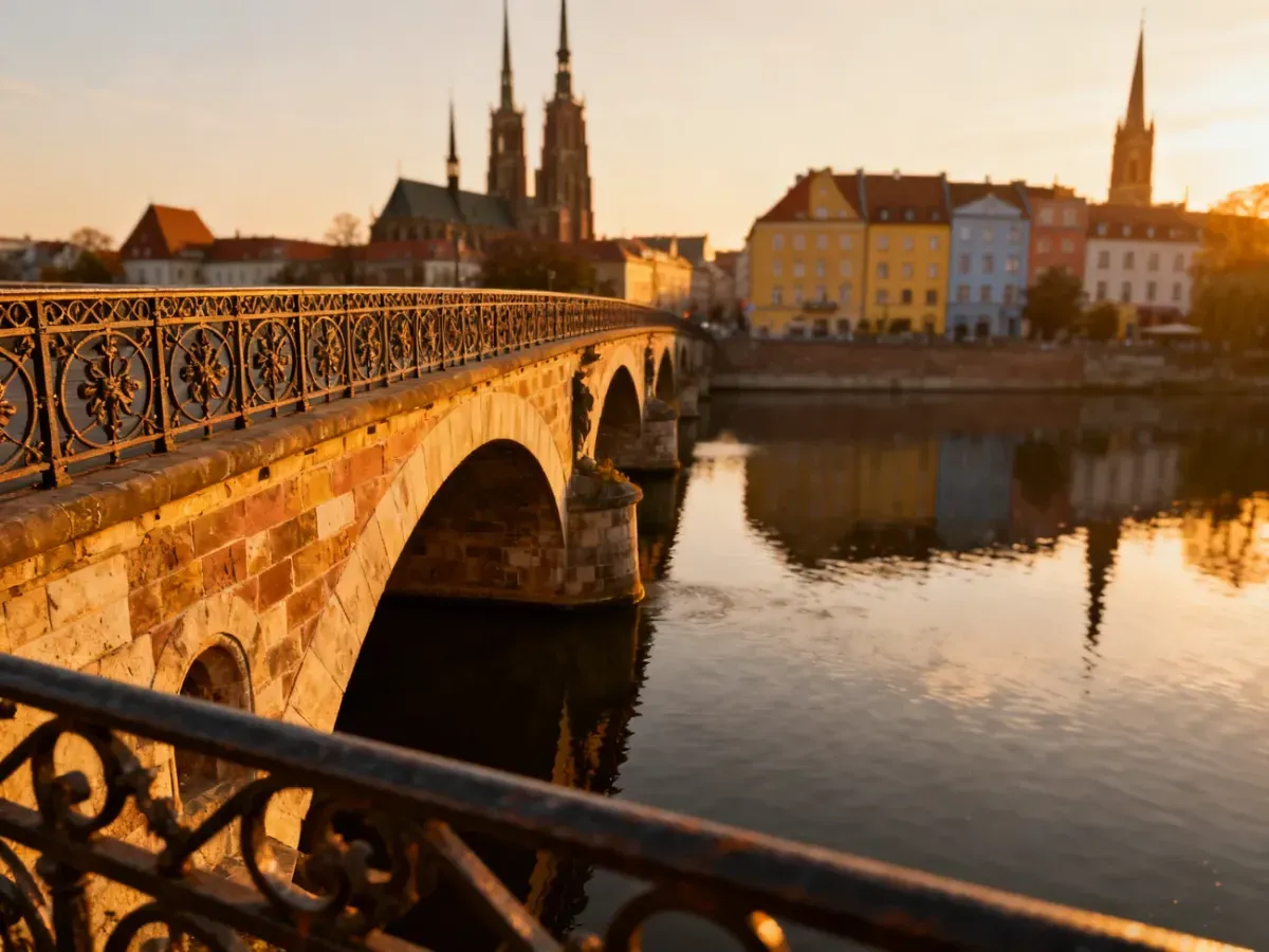 Zabytkowy kamienny most we Wrocławiu o zachodzie słońca, z widokiem na wieże katedry i kolorowe kamienice w tle.