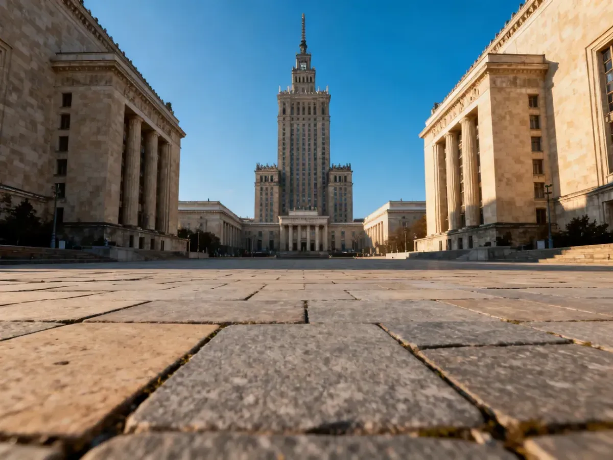 Pałac Kultury i Nauki w Warszawie w porannym świetle, widoczny w pełnej okazałości na tle bezchmurnego nieba.