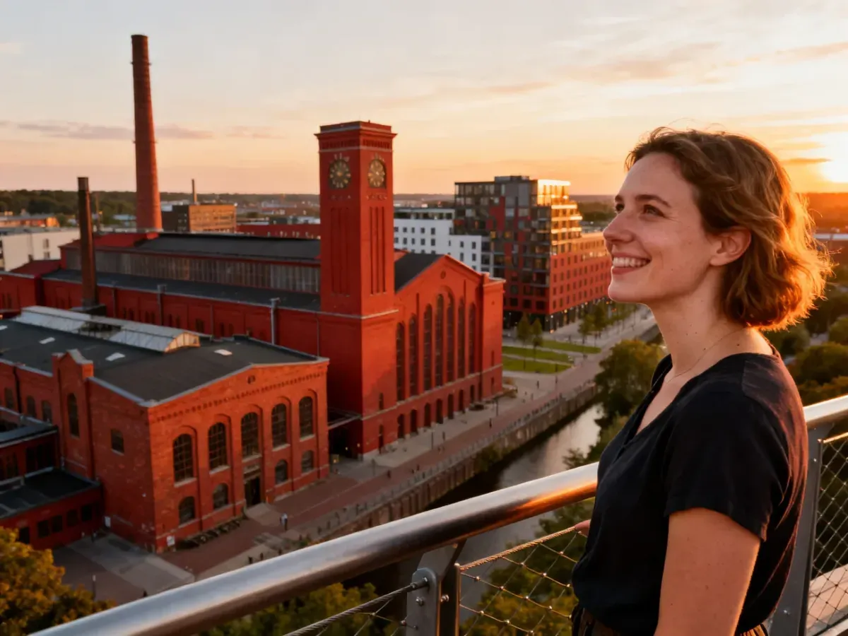 Uśmiechnięta kobieta podziwia panoramę śląskiej architektury industrialnej w świetle zachodzącego słońca.