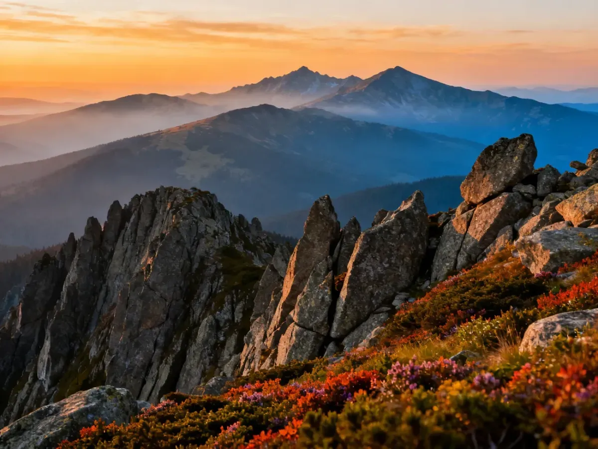 Panoramiczny widok na Karkonosze o zachodzie słońca z granitowymi skałami i alpejską roślinnością na pierwszym planie.