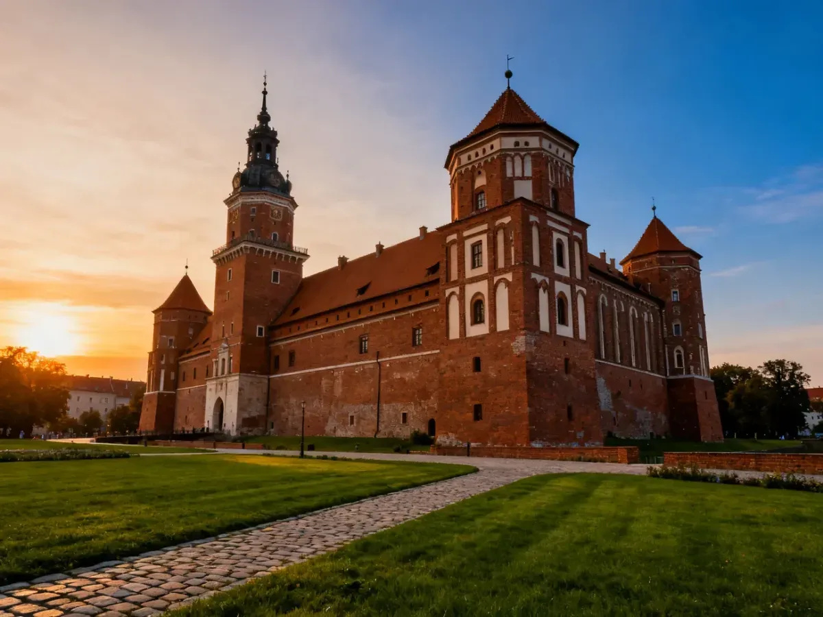 Majestatyczny ceglany zamek w Janowie Podlaskim o zachodzie słońca, otoczony zadbanym ogrodem.